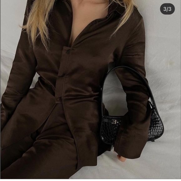 Zara satin Brown ruched side long sleeve button front collared blouse shirt - Picture 2 of 14